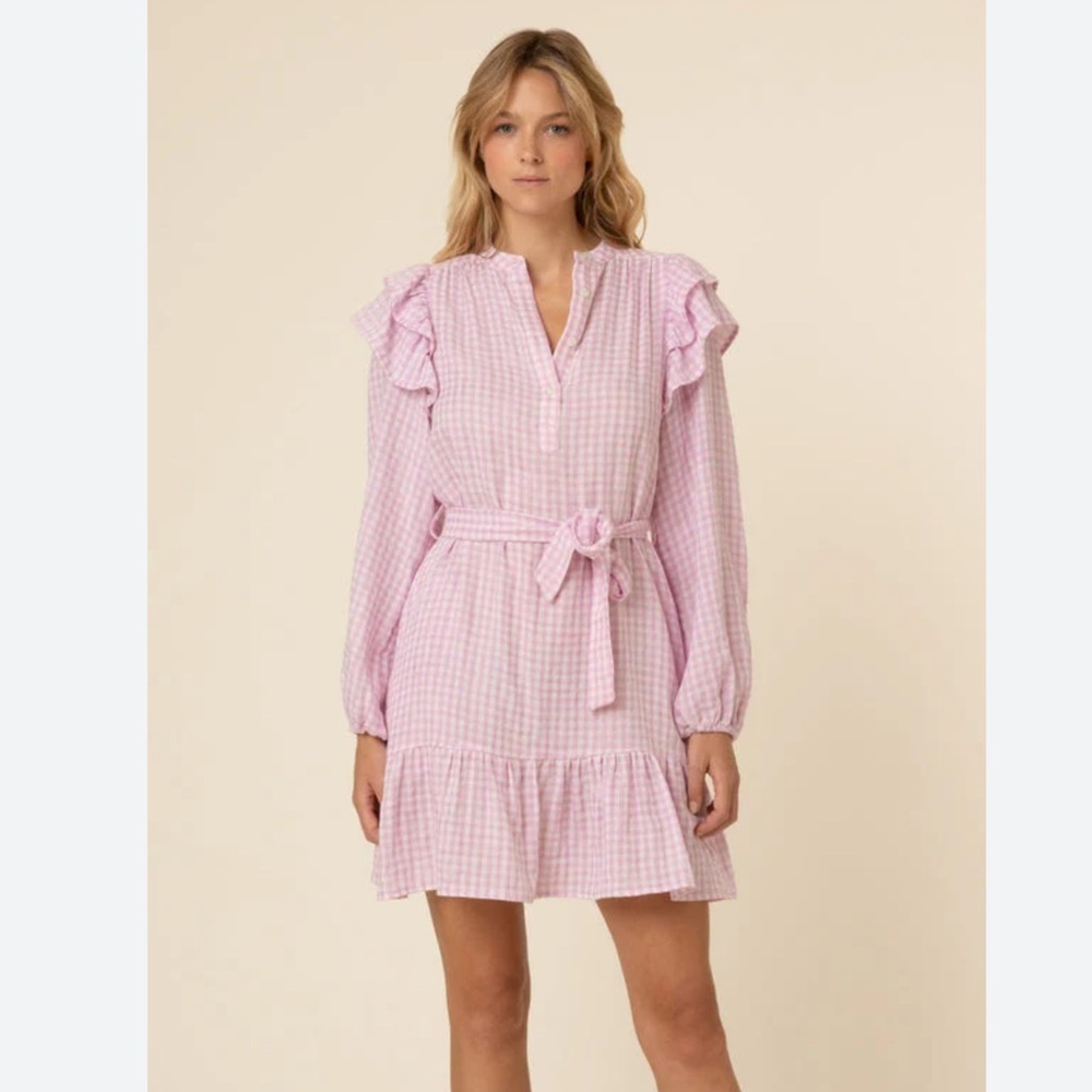 FRNCH Lavender Picnic Check Frill Balloon Sleeve Belted Mini Dress Size Medium